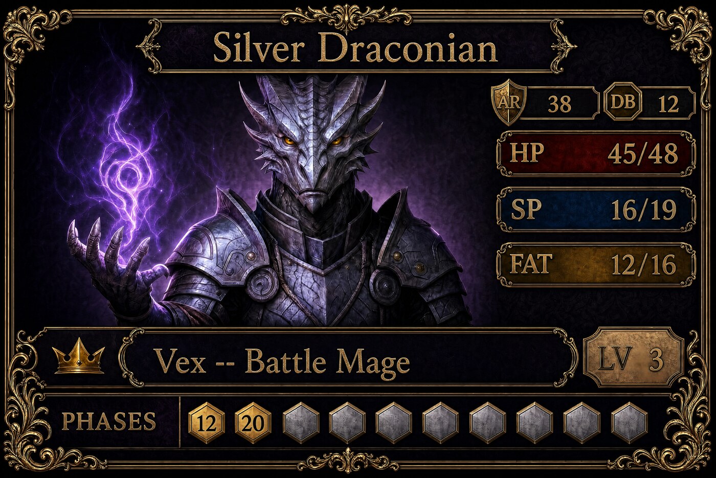 Silver Draconian battle-mage character card — Vex, Level 3