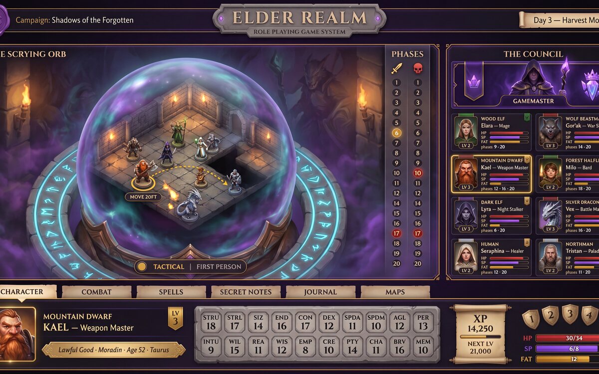 Elder Realm character builder showing deep stats and classes